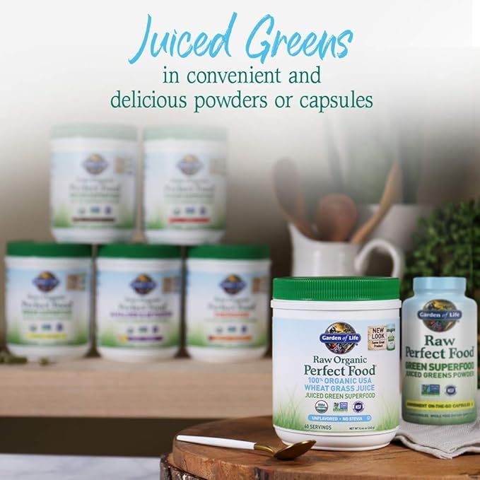Garden of Life Raw 100% Organic Perfect Food USA Wheat Grass Juice - Green Superfood Powder, 60 Servings - Stevia & Gluten Free, Non-GMO, Vegan, Whole Food Dietary Supplement, 8.46 Oz