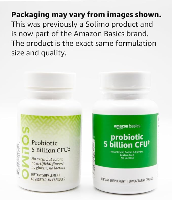 Amazon Basics Probiotic 5 Billion CFU, 8 Probiotic strains with 60 mg Prebiotic Blend, 60 Count Vegetarian Capsules, 2 Month Supply, Supports Healthy Digestion (Previously Solimo) (Pack of 2)