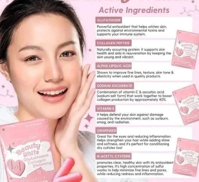 Beauty White 4 in 1 Glutathione 15gram Each 2) 30 30 x 2-60 Capsules