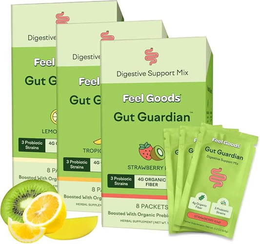 Feel Goods Gut Guardian, Prebiotic & Probiotic Powder, Sugar Free, Organic Fiber, Herbs for Bloat, Gut Health Support, Digestive Health for Men & Women, Non GMO, Vegan | Variety Pack, 24 Count