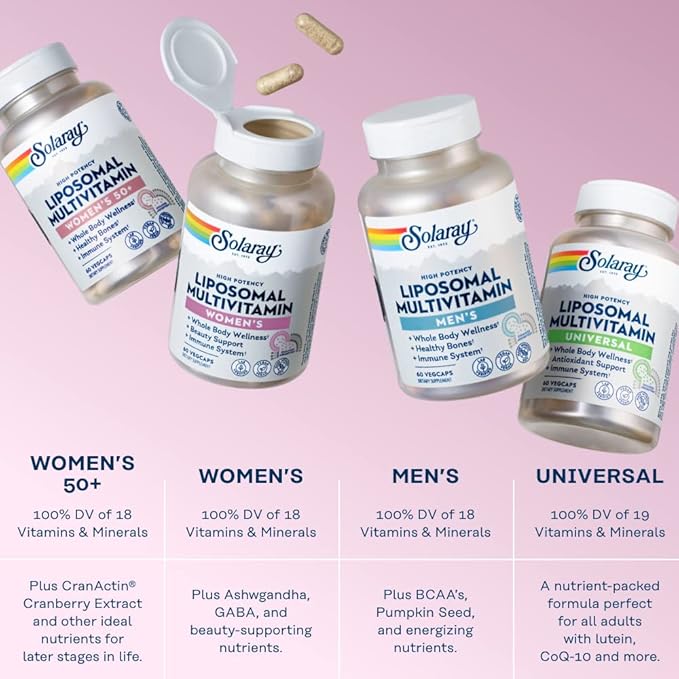 SOLARAY Liposomal Multivitamin for Women, Enhanced B12, Biotin, CoQ10, Immune 30 Servings, 60 VegCaps