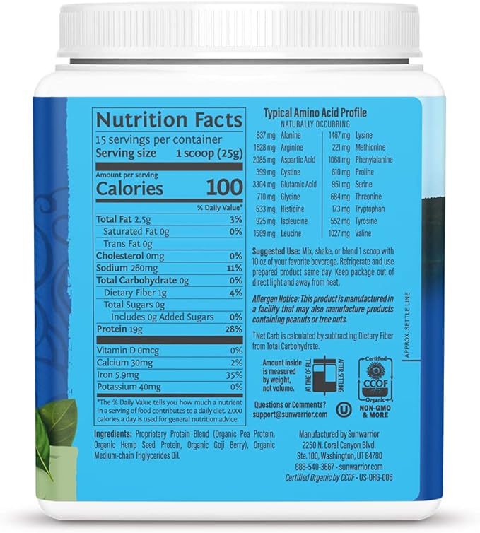 Sunwarrior Vegan Organic Protein Powder Plant-Based 15 Servings