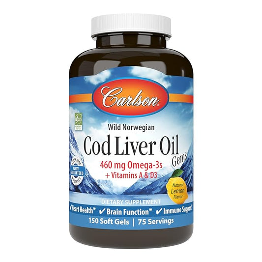 Carlson - Cod Liver Oil Gems, 460 mg Omega-3s, plus D3, Wild 150 Softgels