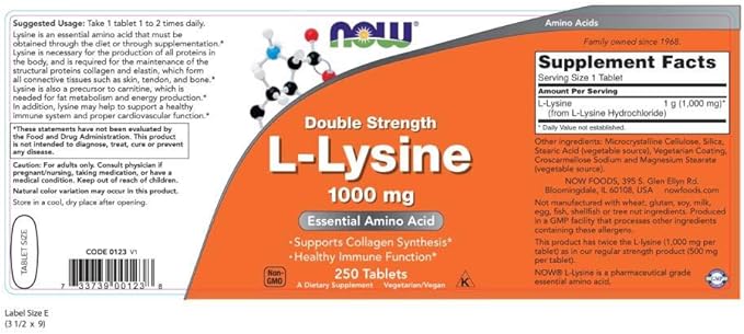 NOW Supplements, L-Lysine (L-Lysine Hydrochloride) 1,000 250 Tablets