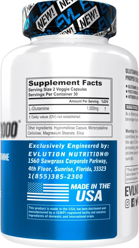 Evlution Nutrition L-Glutamine 1000, 1g Pure (30 Servings)