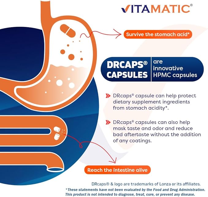 Vitamatic Lactobacillus Salivarius 2 Billion per DR Capsule - 60 Count - Digestive Support - Made with Prebiotic Inulin Fiber (1 Bottle)