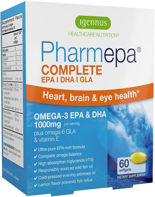 Pharmepa Complete EPA DHA rTG Omega 3 1000mg, 1000mg, High 6 GLA 60 Servings