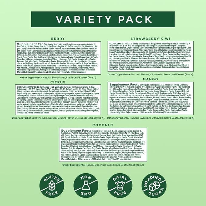 Bloom Nutrition Superfood Greens Powder Stick 15 SVG, 5 Flavor
