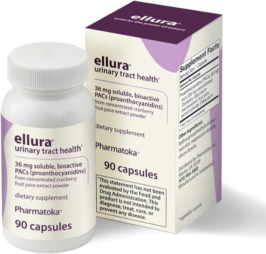 ellura 36mg Clinically Proven Soluble, Bioactive PACs – 100% Concentrated Cranberry Fruit Juice Extract, for UTI Support & Urinary Tract Health, 90 Capsules.