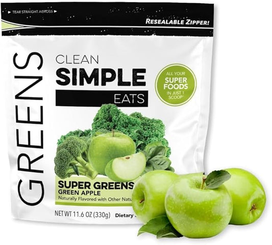 Clean Simple Eats Green Apple Greens Powder Mix, Greens Superfood Powder Smoothie & Juice Mix, Gluten Free, Includes Powerhouse Superfoods Chlorella & Spirulina Powder Organic (30 Servings)