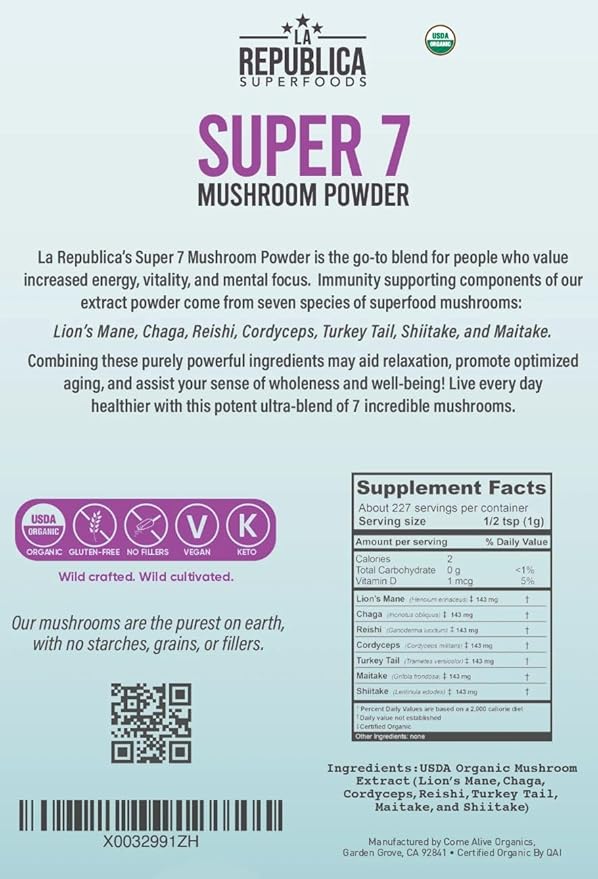 La Republica Superfood Super 7 Mushroom Extract Powder, Includes Lion's Mane, Reishi, Chaga, Cordyceps, Shiitake, Maitake, and Turkey Tail (8 oz) ﻿