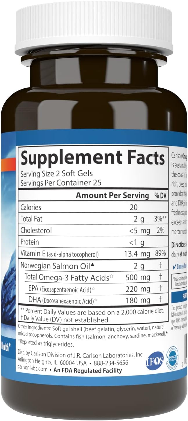 Carlson - Salmon Oil, 500 mg Omega-3s, Norwegian 3 Salmon 50 Softgels