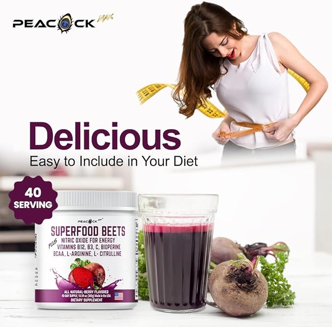 Beetroot Powder - Superfood for Blood Pressure Support, Nitric Oxide Booster, Beet Root Extract, BCAA for Heart Health, Green Tea Extract, Berry Flavor (Pack of 1 (10.59 oz))