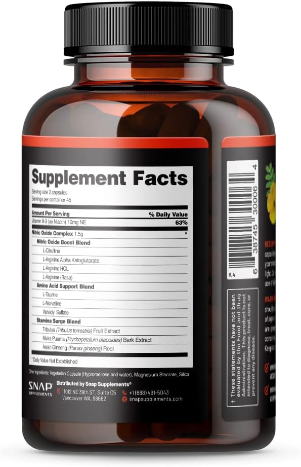 Snap Supplements Nitric Oxide Booster Pre 1500mg Formula, (90 Capsules)