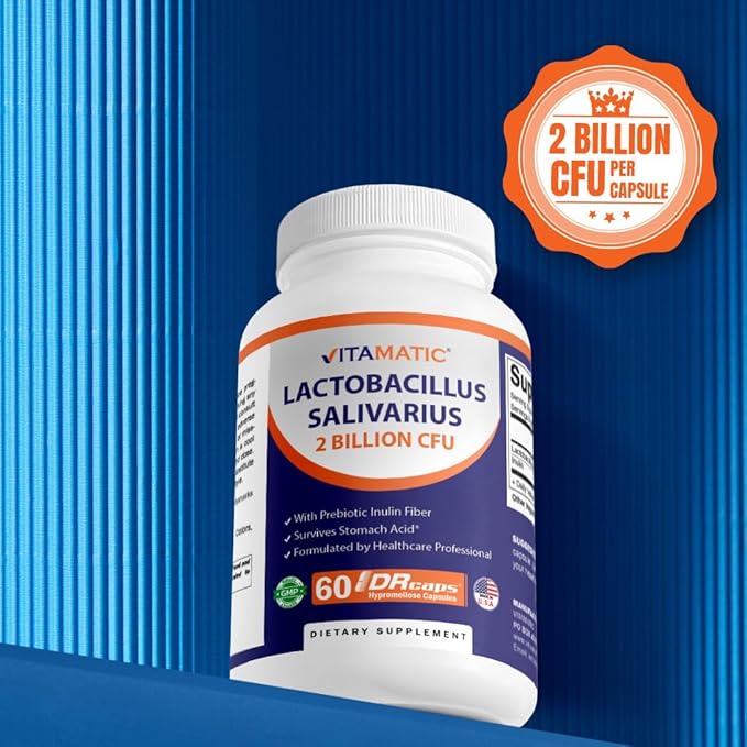 Vitamatic Lactobacillus Salivarius 2 Billion per DR Capsule - 60 Count - Digestive Support - Made with Prebiotic Inulin Fiber (1 Bottle)