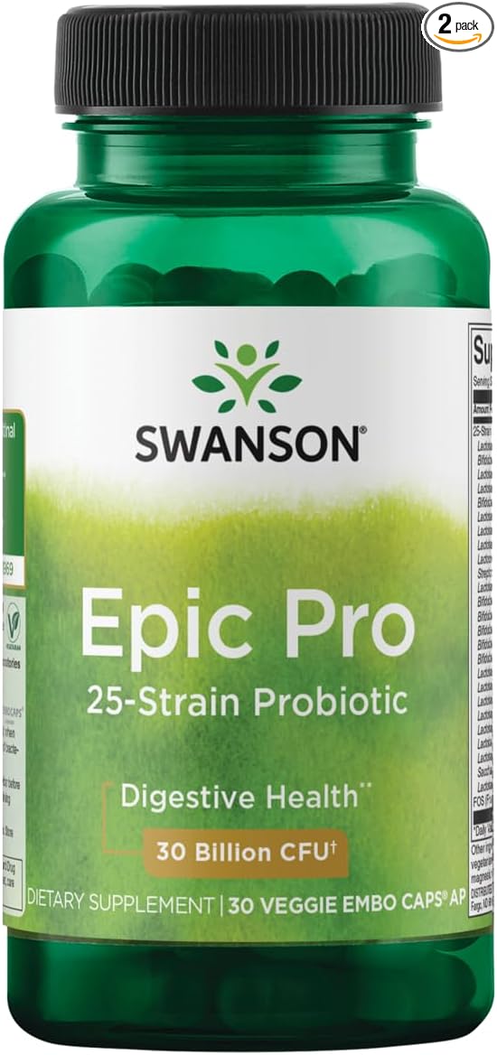 Swanson Epic-Pro 25-Strain Probiotic 30 Billion CFU Digestive Health Immune System Support Prebiotic Nutraflora FOS 30 DRcaps Veggie Capsules (2 Pack)