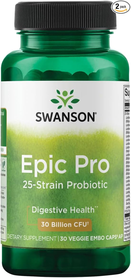 Swanson Epic-Pro 25-Strain Probiotic 30 Billion CFU Digestive Health Immune System Support Prebiotic Nutraflora FOS 30 DRcaps Veggie Capsules (2 Pack)