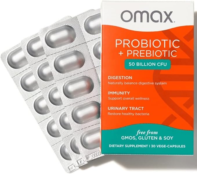 Omax3 Prebiotic & Probiotic 50 Billion CFU + Chicory Inulin, 10 Strain, Reduce Bloating, Digestion, SIBO, Leaky Gut, Vaginal pH, Acidophilus, Vegan, Dairy Free, Gluten Free, Blister Packaged (2 Pack)