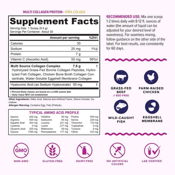 Multi Collagen Peptides Powder for Women and Men - Instant Dissolving Grass Fed Hydrolyzed Collagen Powder Drink Mix for Beautiful Hair Skin and Nails with Hyaluronic Acid and Vitamin C