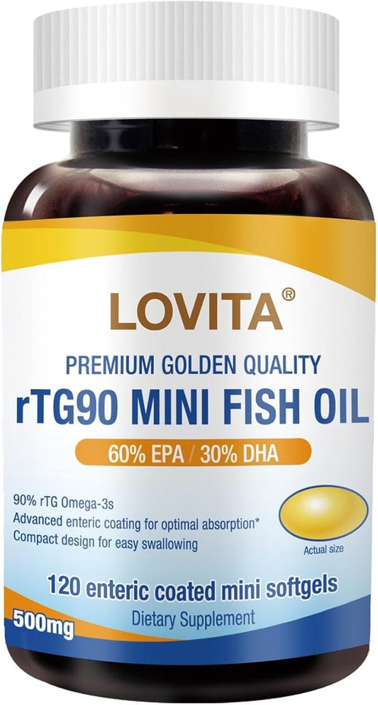 Lovita rTG 90 Mini Fish Oil, 2000mg Daily| 90% Omega-3 Omega-3 | 120 Enteric-Coated