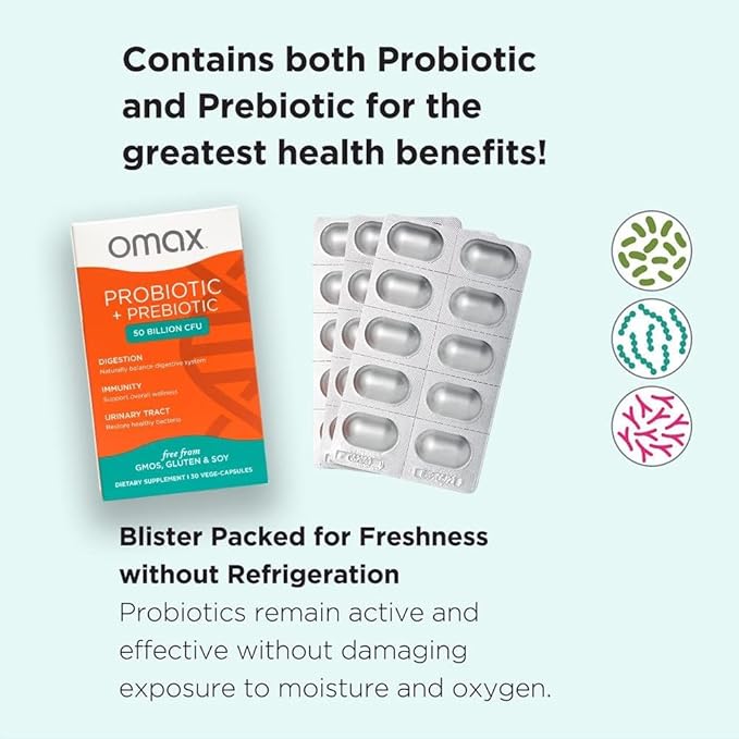 Omax3 Prebiotic & Probiotic 50 Billion CFU + Chicory Inulin, 10 Strain, Reduce Bloating, Digestion, SIBO, Leaky Gut, Vaginal pH, Acidophilus, Vegan, Dairy Free, Gluten Free, Blister Packaged (2 Pack)