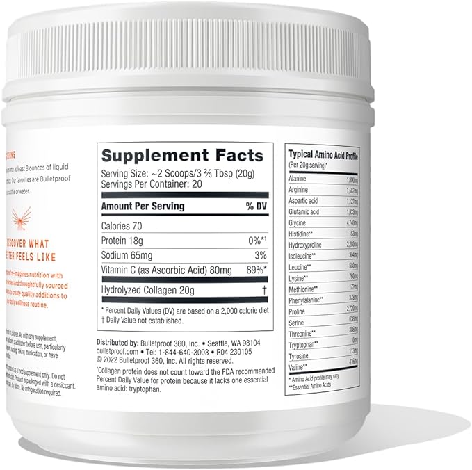 Bulletproof Unflavored Collagen Peptides Powder with MCT Oil, 14.3 Ounces, Grass-Fed Collagen Protein for Skin, Bone and Joint Support, Pasture Raised, No Added Hormones