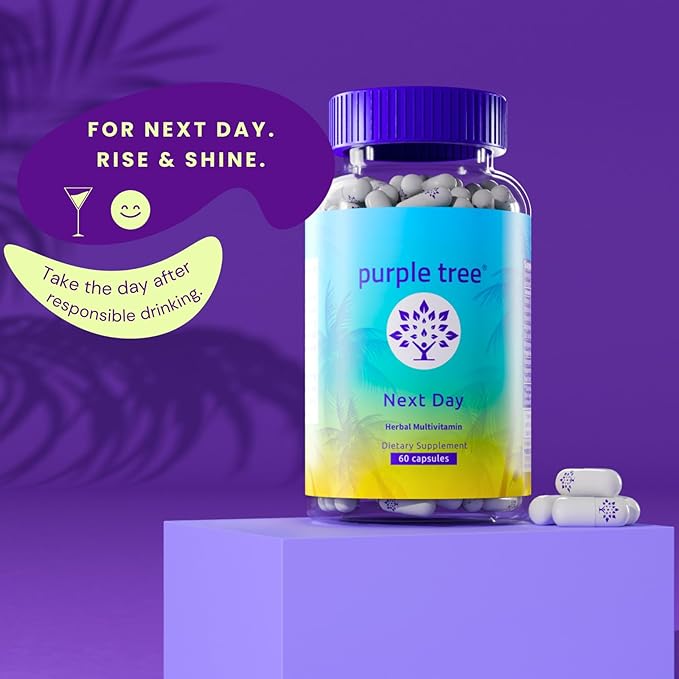 purple tree Next Day, Post-Celebration Wellness - Take Tomorrow | Replenish & Feel Your Best | Ashwagandha, Ginger, Peppermint, Milk Thistle, Electrolytes, Vitamins, 30 Pills