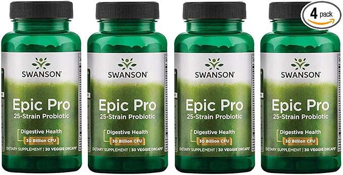 Swanson Epic-Pro 25-Strain Probiotic 30 Billion CFU Digestive Health Immune System Support Prebiotic Nutraflora FOS 30 DRcaps Veggie Capsules (Caps) (4 Pack)