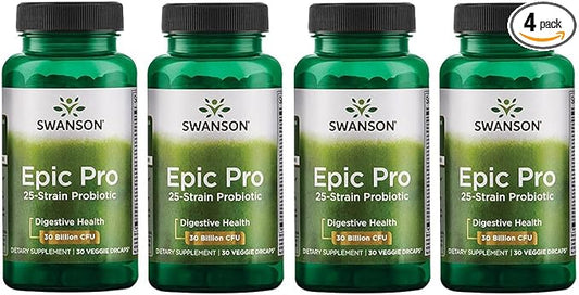 Swanson Epic-Pro 25-Strain Probiotic 30 Billion CFU Digestive Health Immune System Support Prebiotic Nutraflora FOS 30 DRcaps Veggie Capsules (Caps) (4 Pack)