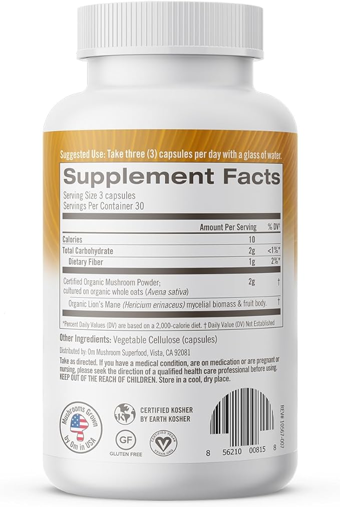 OM MUSHROOM SUPERFOOD Lion's Mane Mushroom Capsules Superfood Supplement, 90 Count, 30 Day Supply, Fruit Body and Mycelium Nootropic for Memory, Focus, Nerve Health and Immune Support