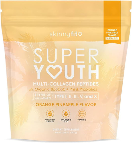 SkinnyFit Super Youth Orange Pineapple Multi-Collagen Peptides + Probiotics, Baobab Fiber, Apple Cider Vinegar, Hyaluronic Acid, & Vitamin C, Skin, Hair, Joint & Metabolism Support, 30 Servings