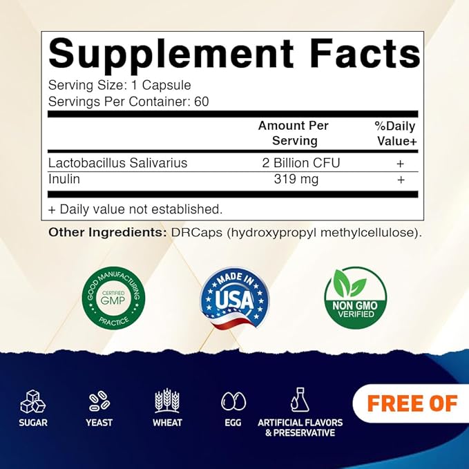 Vitamatic Lactobacillus Salivarius 2 Billion per DR Capsule - 60 Count - Digestive Support - Made with Prebiotic Inulin Fiber (3 Bottles)