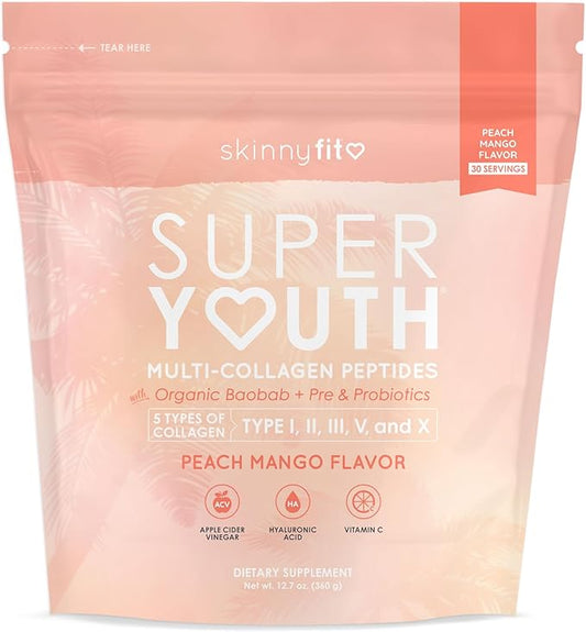 SkinnyFit Super Youth Peach Mango Multi-Collagen Peptides + Probiotics, Baobab Fiber, Apple Cider Vinegar, Hyaluronic Acid, & Vitamin C, Skin, Hair, Joint & Metabolism Support, 30 Servings