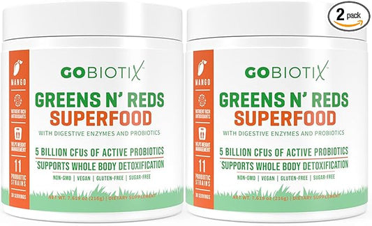 GOBIOTIX Super Greens and Reds Powder - Red and Green Superfood - Probiotic Supplement - Digestive Enzymes and Beet Root Powder - Organic Whole Foods Dietary Supplement (Mango, 2 Pack)