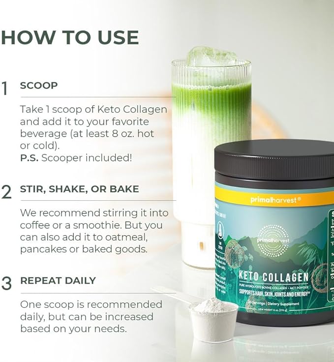 Primal Harvest Keto Collagen Peptides Powder & MCT Oil Powder, Keto Coffee Creamer Powder 30 Servings of Grass Fed Protein Powder