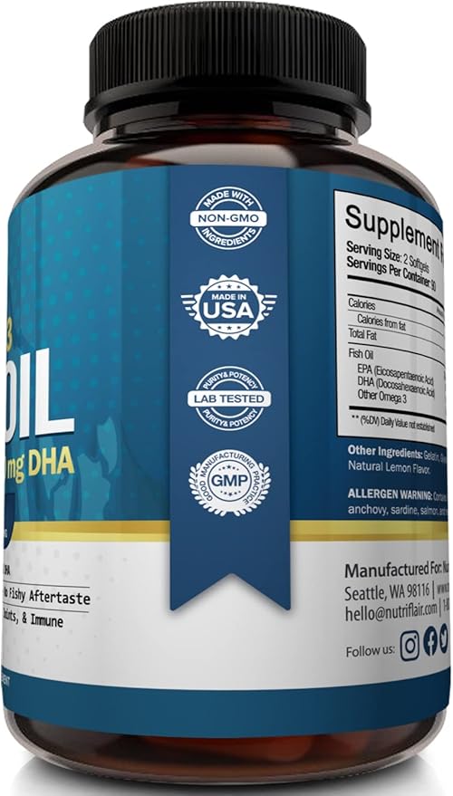 NutriFlair Omega-3 Fish Oil Supplement 2500mg - 900mg EPA 600mg DHA 90 Servings -180 Lemon