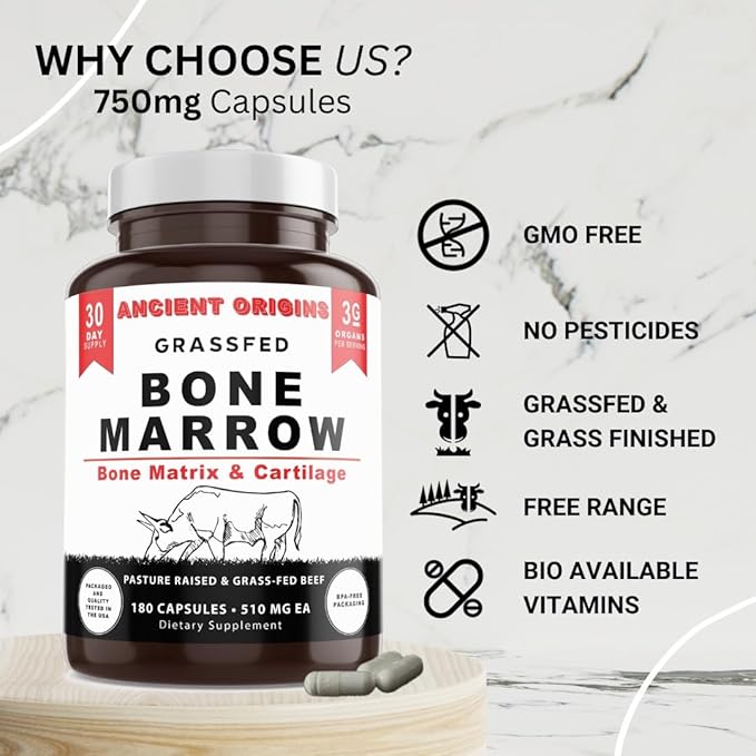 Ancient Origins Grass Fed Bone Marrow Supplement, 3060mg, Skin, Oral Health, and Joint Support Supplement, Promotes Whole-Body Wellness, Non GMO Whole Bone Extract, 180 Capsules