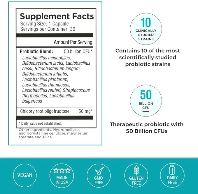 Omax3 Prebiotic & Probiotic 50 Billion CFU + Chicory Inulin, 10 Strain, Reduce Bloating, Digestion, SIBO, Leaky Gut, Vaginal pH, Acidophilus, Vegan, Dairy Free, Gluten Free, Blister Packaged (2 Pack)