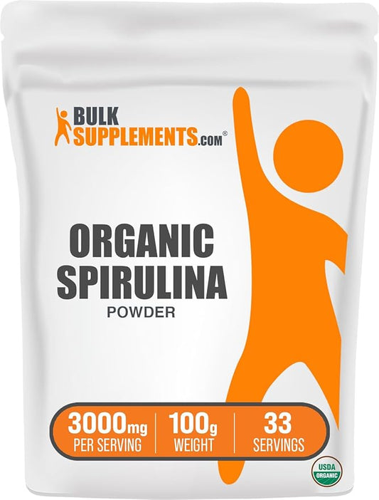 BulkSupplements.com Organic Spirulina Powder - Superfood Powder, Green Spirulina Powder, Spirulina Organic - Vegan-Friendly, 3000mg per Serving, 100g (3.5 oz) (Pack of 1)