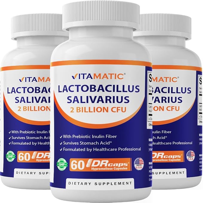 Vitamatic Lactobacillus Salivarius 2 Billion per DR Capsule - 60 Count - Digestive Support - Made with Prebiotic Inulin Fiber (3 Bottles)