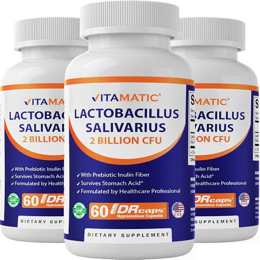 Vitamatic Lactobacillus Salivarius 2 Billion per DR Capsule - 60 Count - Digestive Support - Made with Prebiotic Inulin Fiber (3 Bottles)