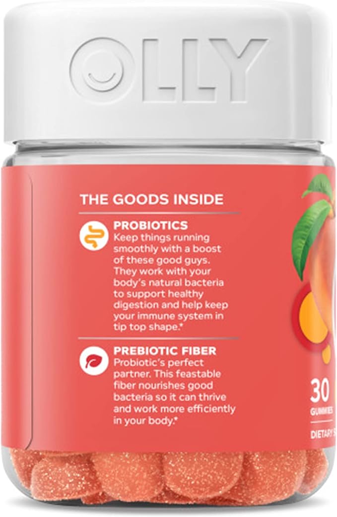 OLLY Probiotic + Prebiotic Gummy, Digestive Support and Gut Health, 500 Million CFUs, Fiber, Adult Chewable Supplement for Men and Women, Peach, 30 Day Supply - 30 Count
