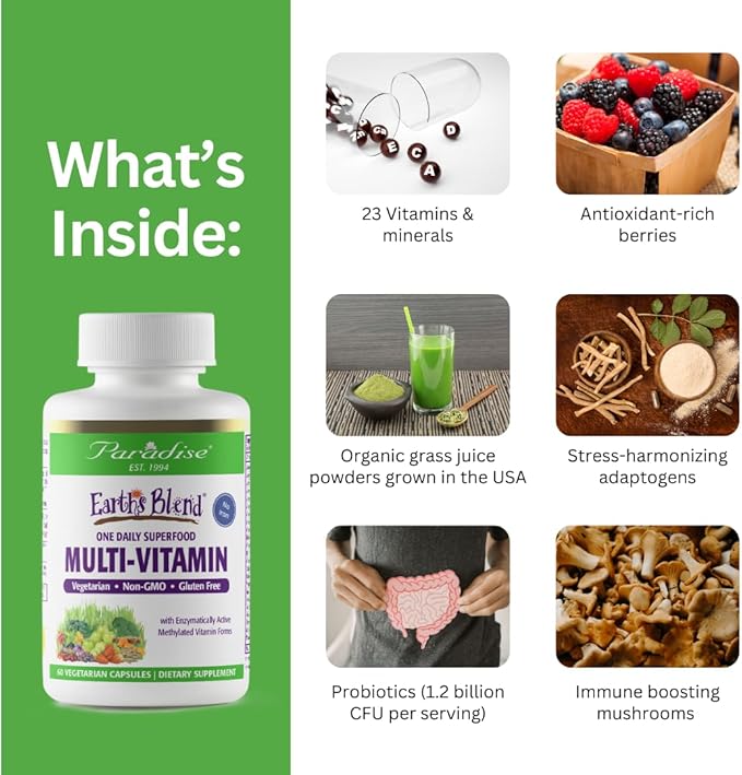 Paradise Herbs Earth's Blend Once Daily Multivitamin for Men, No Iron, 48 Organic Superfoods, Probiotics, Antioxidants, Vitamins A, B12, C, D, K2,120 Count