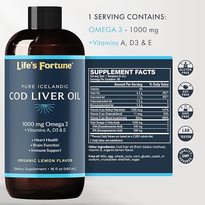 Life's Fortune Cod Liver Oil Liquid 1000 mg Omega-3s + D3 - (16 Oz)