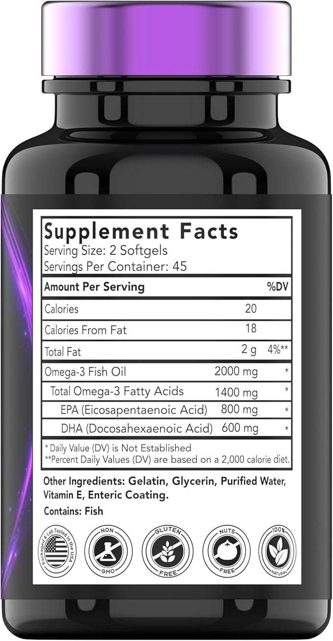 Burpless Omega-3 Fish Oil: 2000mg x 90 Softgels 1400mg Total Omega-3 Fatty (800mg EPA 600mg DHA)