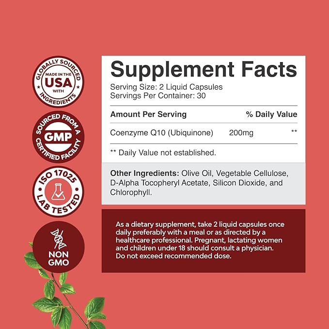 CoQ10 200mg per Serving Liquid Capsules Supplement Q10 200mg 200mg per Q10 Supplement
