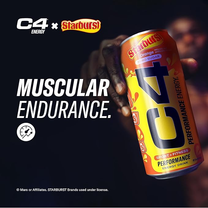 Cellucor C4 Performance Energy Drink | STARBURST Orange | Zero Sugar Carbonated Preworkout Energy | 200mg Caffeine with Beta Alanine | 16 Fl Oz (12 Pack)