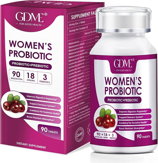 Women's Probiotics, 90 Tablets 90 Billion CFU 18 Strains, Contains Organic Prebiotic Cranberry,Probiotic Supplement for Digestion, Immunity, Women's Health, Soy Gluten Dairy Free