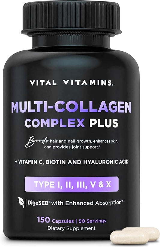 Vital Vitamins Multi Collagen Plus - with Biotin, Hyaluronic Acid, Vitamin C - Type I, II, III, V, X - for Women & Men - Hair, Skin, Nails Beauty Complex - 150 Capsules