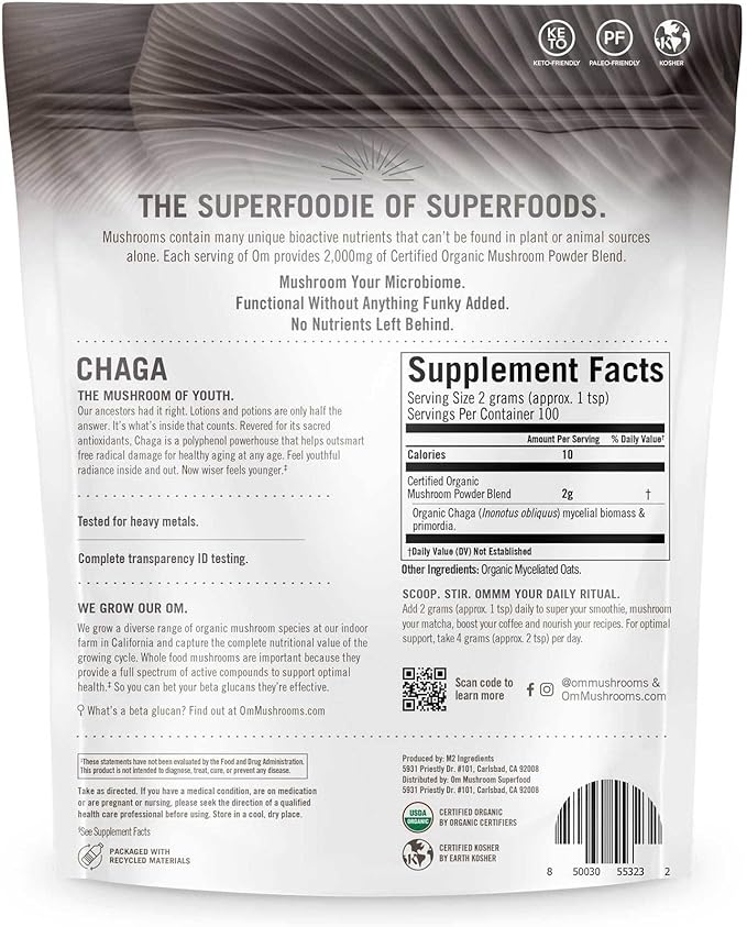 OM MUSHROOM SUPERFOOD Chaga Organic Mushroom Powder, 7.05 Ounce Pouch, 100 Servings, US Grown, Sacred Antioxidants & Immune Support, Superfood Mushroom Supplement